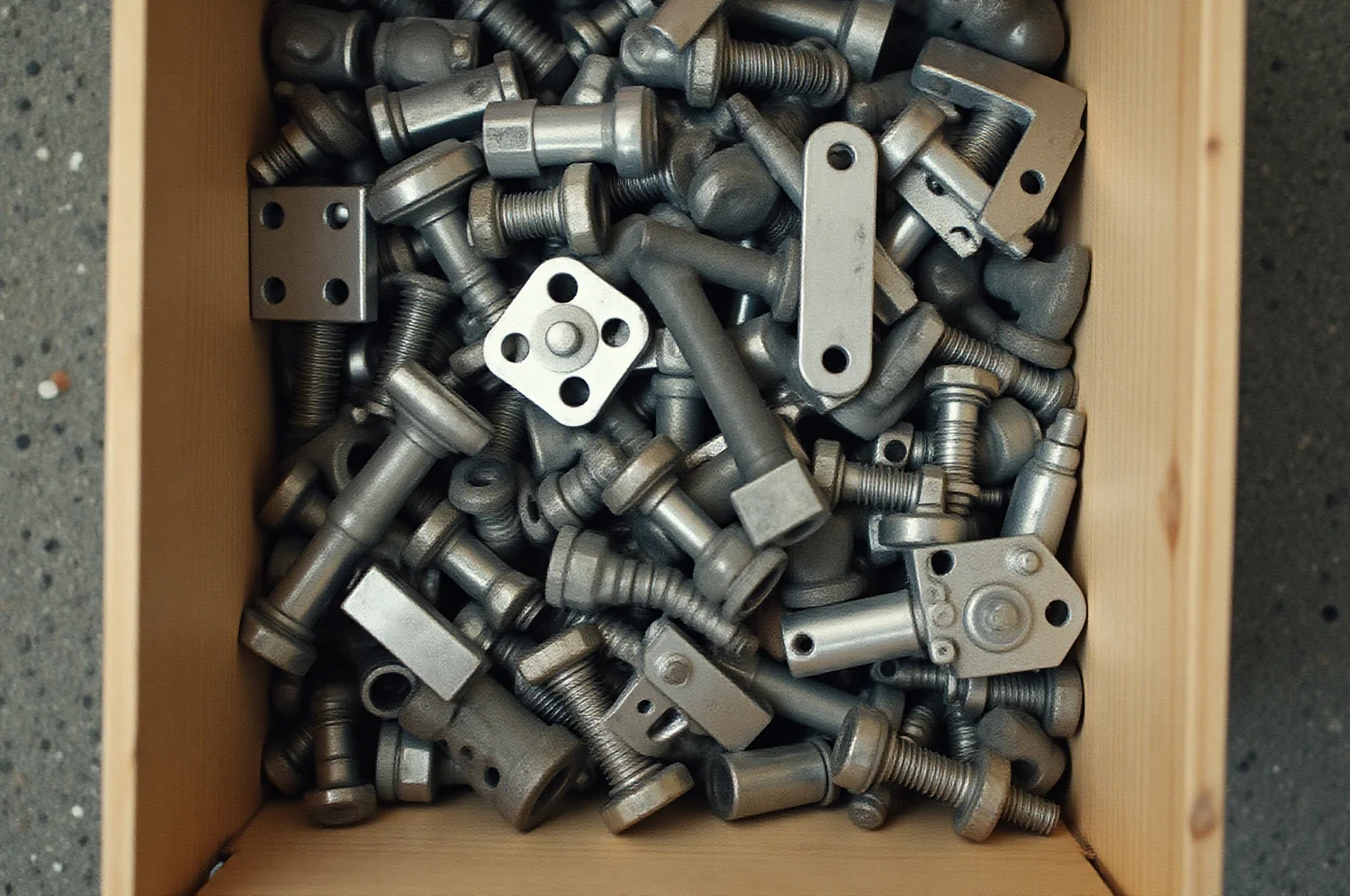 Dėžė su naudotomis metalinėmis detalėmis, vaizdas iš viršaus