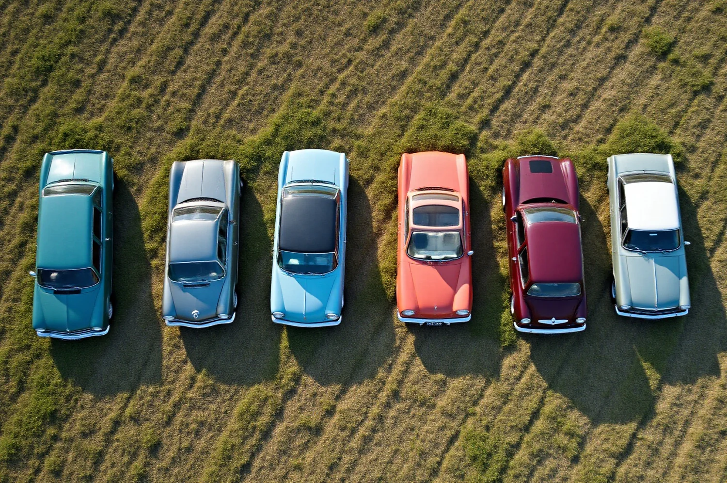 Klasikinių automobilių eilė ant žolės, vaizdas iš viršaus